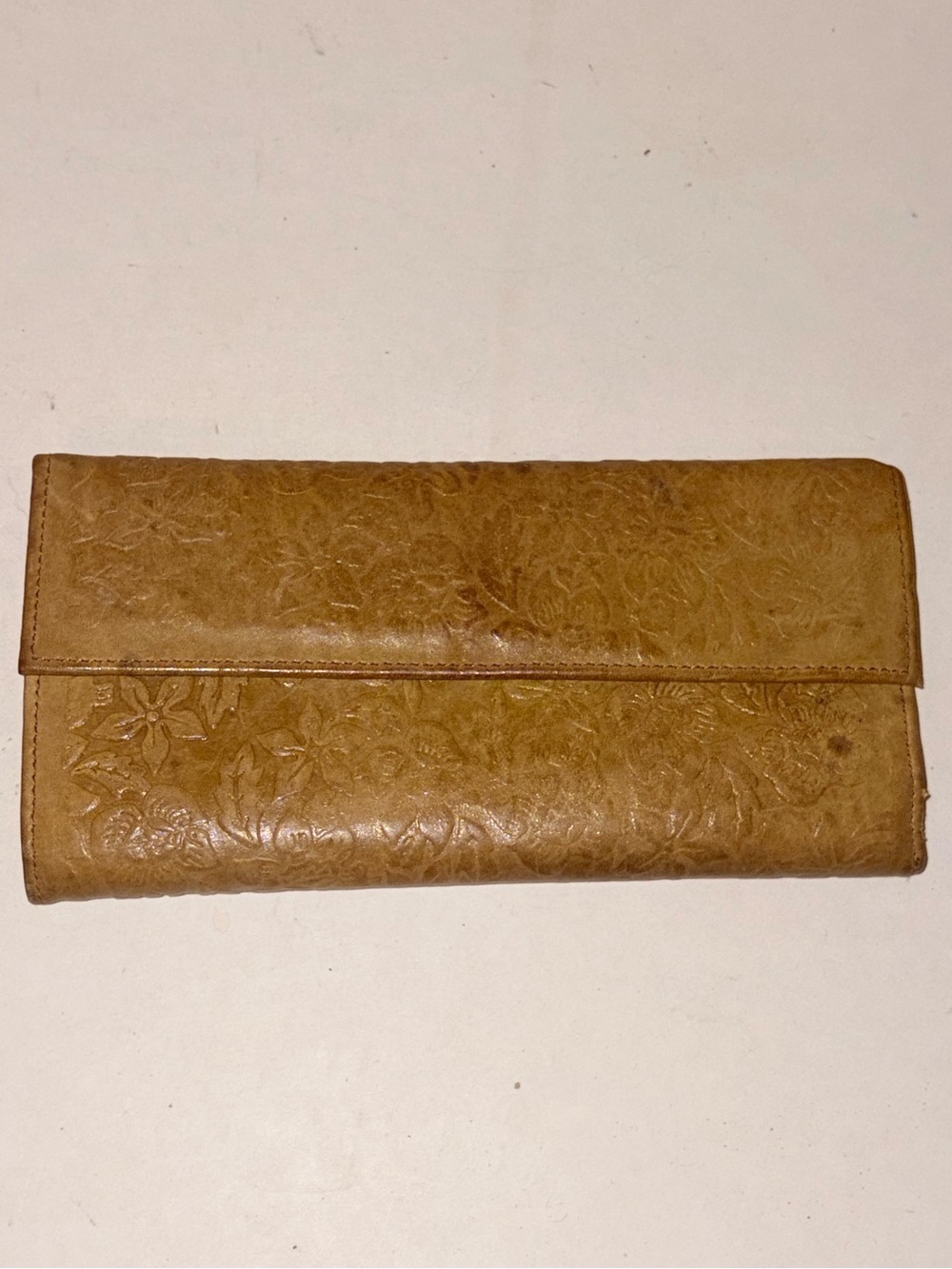 Vintage Brown Floral Embossed Leather ID Card Holder Wallet Made in Mongolia
